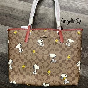 Coach X Peanuts City Tote In Signature Canvas With Snoopy Woodstock Print